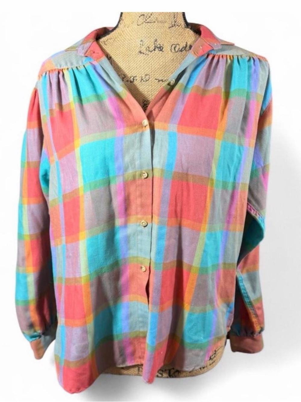 Vintage Liz Claiborne Pastel Plaid Button-Up Blouse Size 10